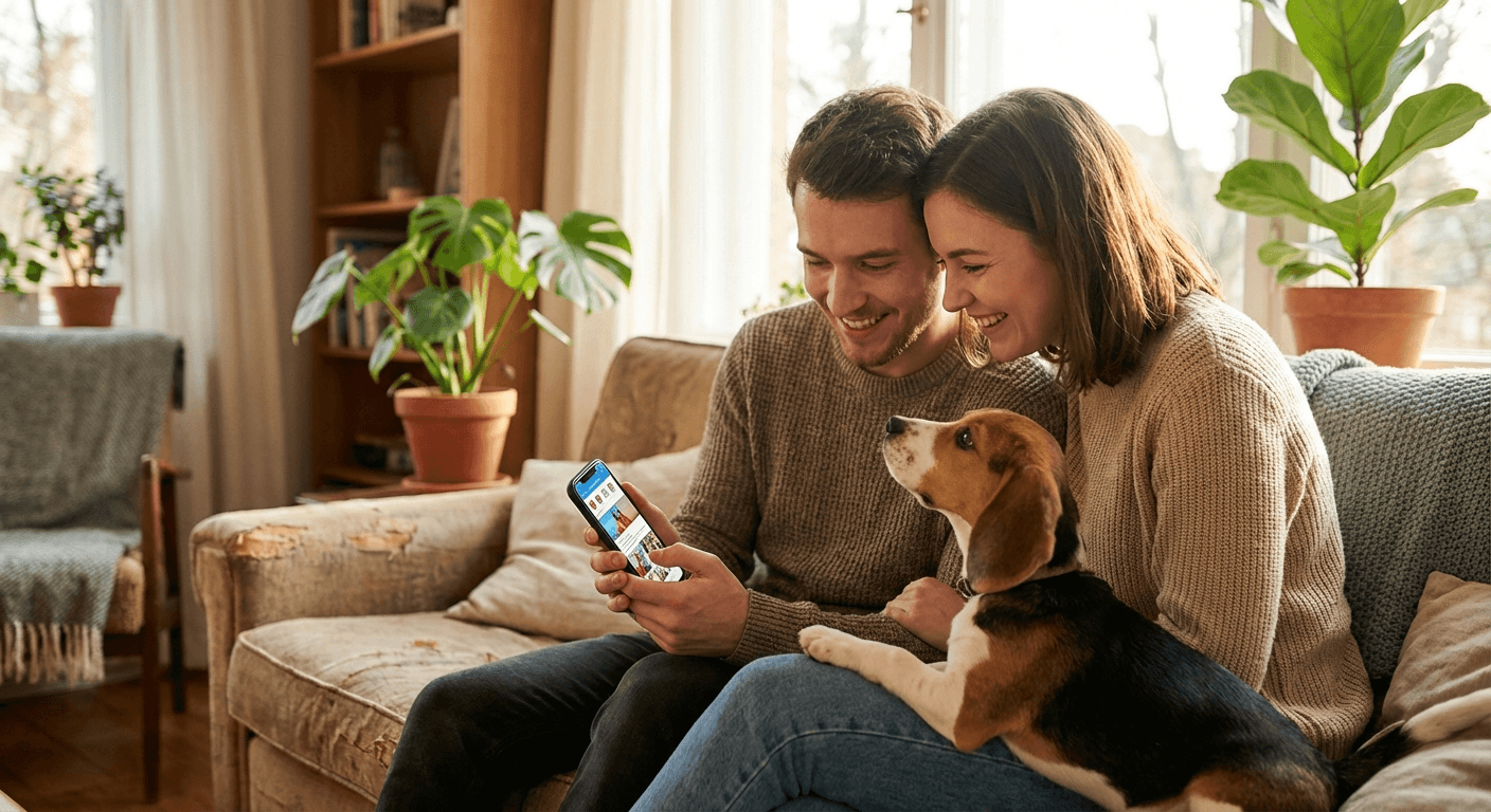 Happy couple with their pet using Petfolio app